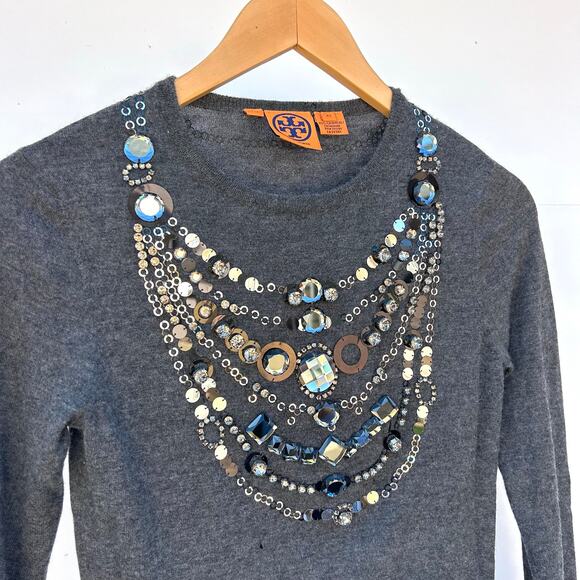 Tory Burch Cashmere Beaded Necklace Sweater Gray Grey Jewels XS Holiday Festive - Picture 5 of 9